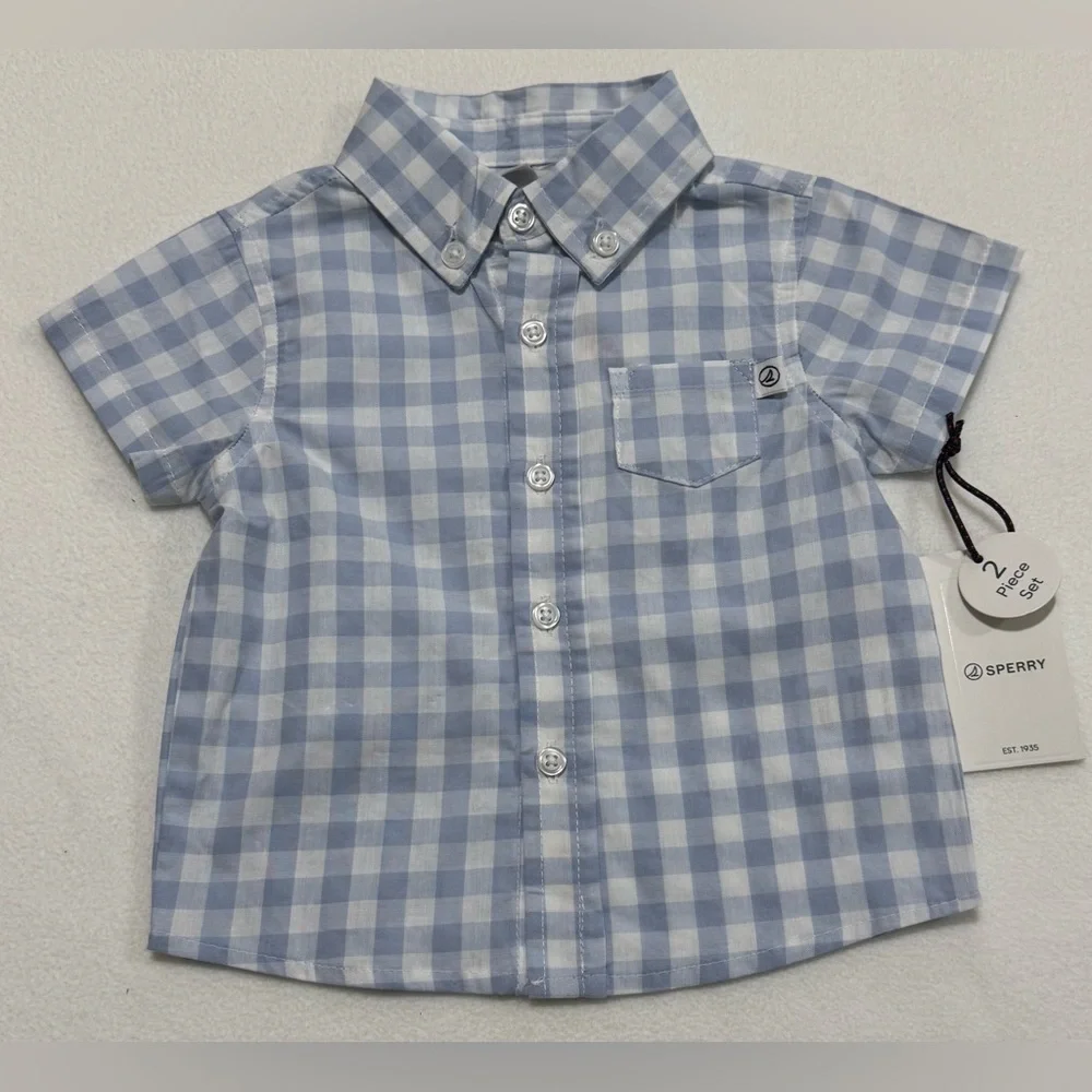 Infant Boy 3/6M Sperry Light Blue Checkered Shirt and Dark Blue Shorts Set - NWT